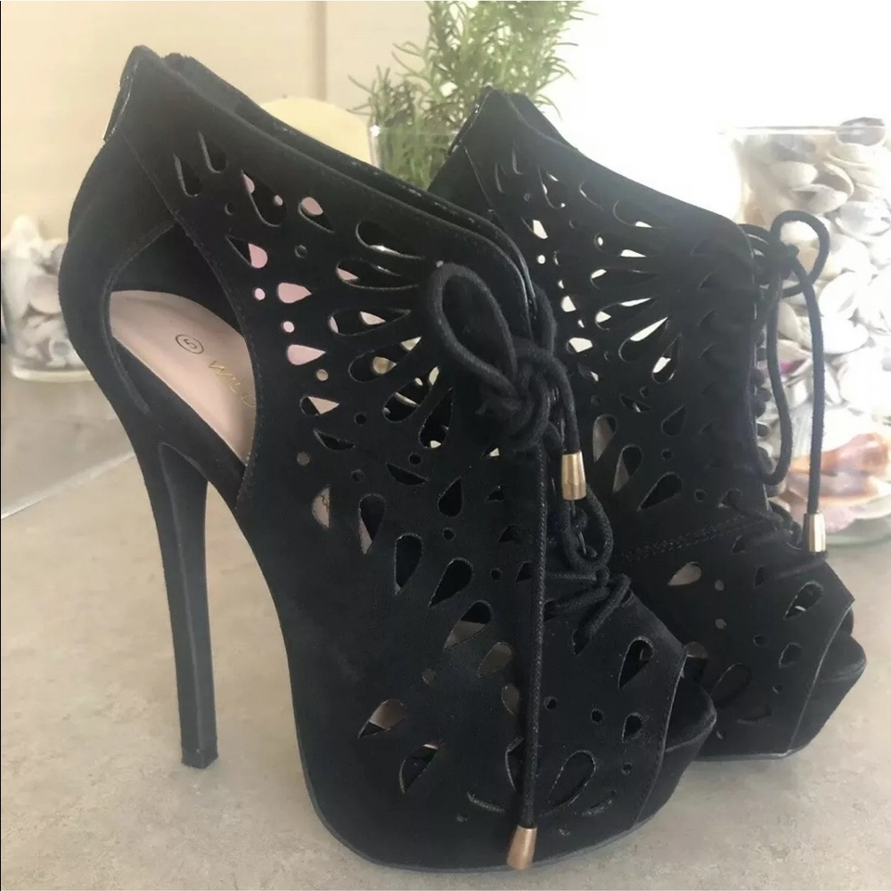 Wild Diva Black Cut Out Lace Up Platform Booties 5